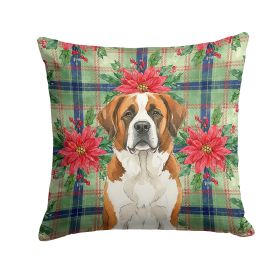 Brown and White Saint Bernard Christmas PoinsettIas Throw Pillow Decorative Indoor Outdoor Accent Cushion for Couch, Bed or Patio, 14Hx14W